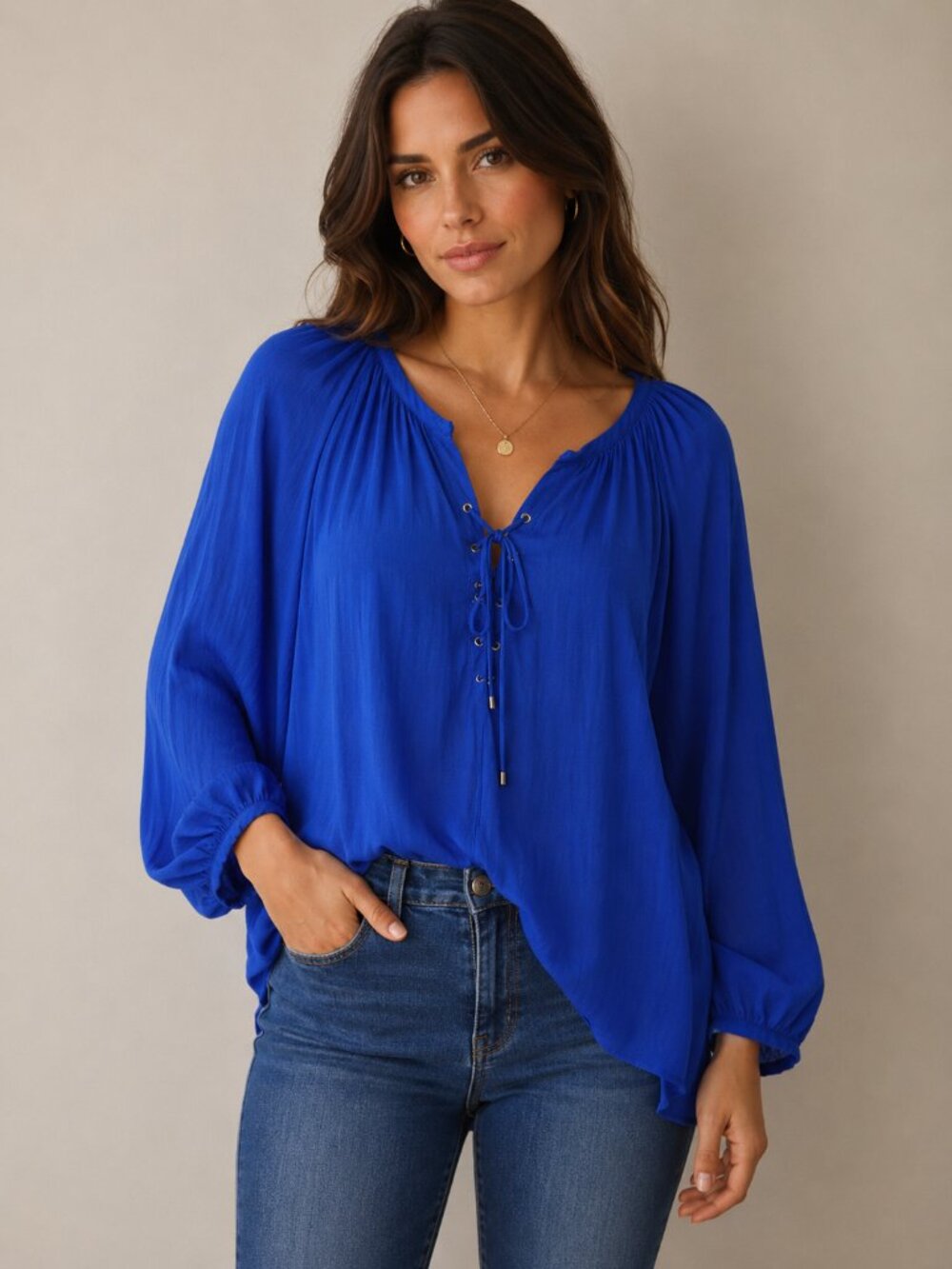 Jennifer Lopez Royal Blue Peasant Blouse Size M Lace-Up Boho Top